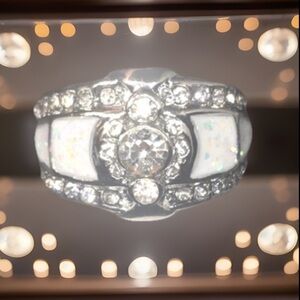 Art Deco Fire White Opal Sterling Silver Lined W/Sparkling Diamonds On This Ring